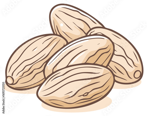 Stylized Illustration of Pile of Beige Almonds with Fine Detail and Outlined Borders