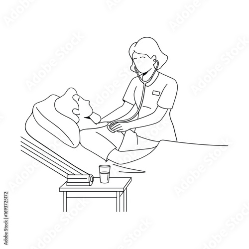 Nurse with stethoscope examining patient lying in hospital bed with medical equipment nearby white background