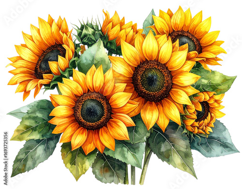 Watercolor sunflower bouquet clipart, realistic, transparent background
