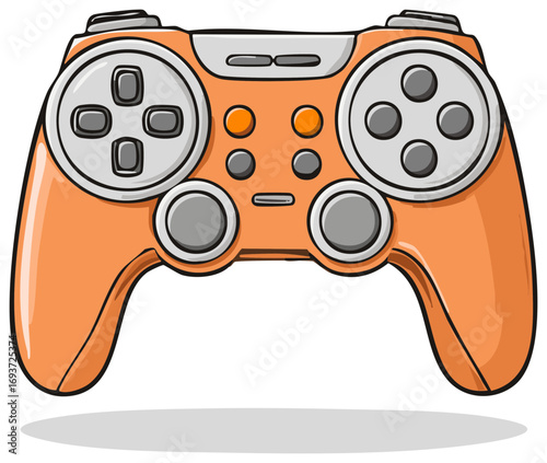 Modern video game controller with bright orange casing and grey buttons detailed illustration