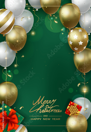 Green Christmas and Happy New Year vertical greeting card with gold and white balloons and Christmas gifts