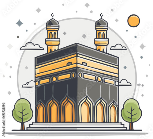 Symbolic Sacred Islamic Temple with Minarets and Trees Illustration