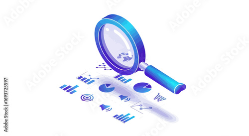 Magnifying glass over business analytics charts and graphs.