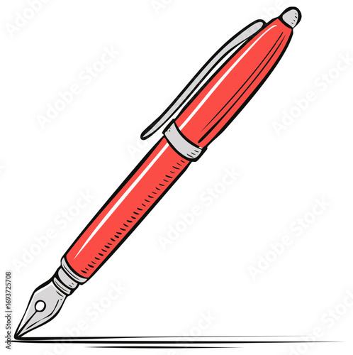 Illustration of a bright red fountain pen with ink line