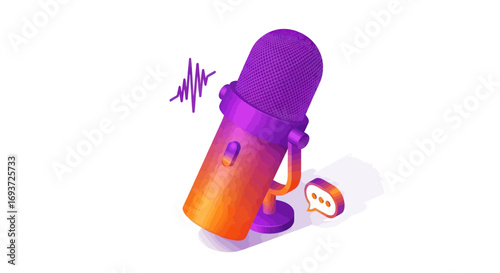 Modern Purple and Orange Podcast Microphone with Sound Waves.