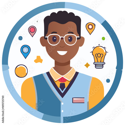 Creative Black professional student avatar with lightbulb idea and location pin icons.