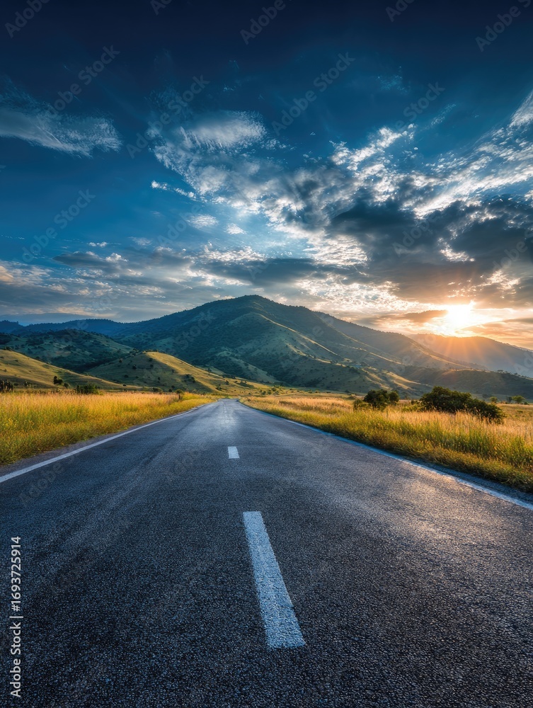 Naklejka premium Asphalt road leading into a mountain sunset (1)