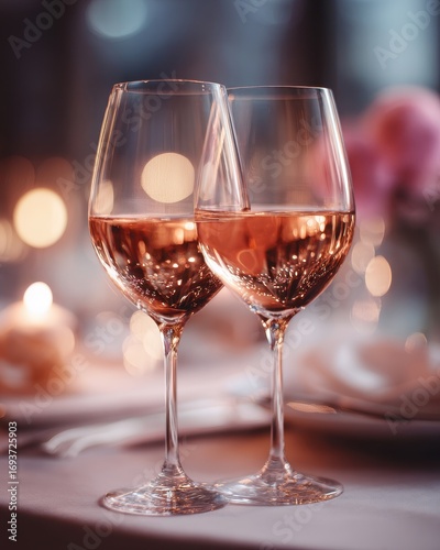 Two Glasses of Ros? Wine on a Romantic Table Setting