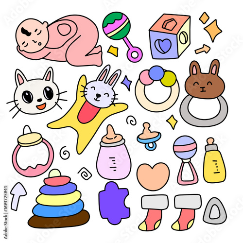 set of kawaii doodles neworn baby. coloring page for kids