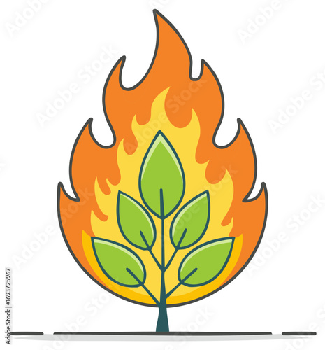 Green plant burning with vibrant orange and yellow flames