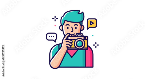Cartoon Man Holding Camera with Speech and Play Bubbles.
