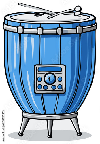 Cartoon illustration of blue timbale drum with metal stand and drumsticks resting on top