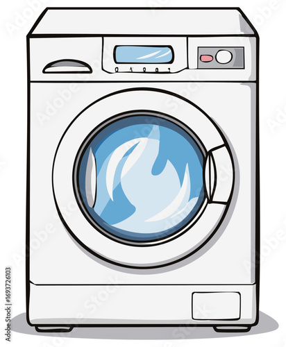 Cartoon illustration of a white washing machine against a simple background
