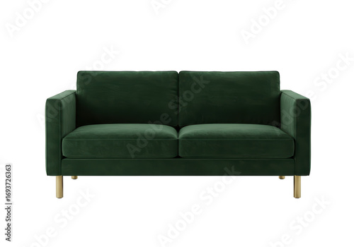 Isolated green velvet loveseat with brass legs, furniture for a living room or office