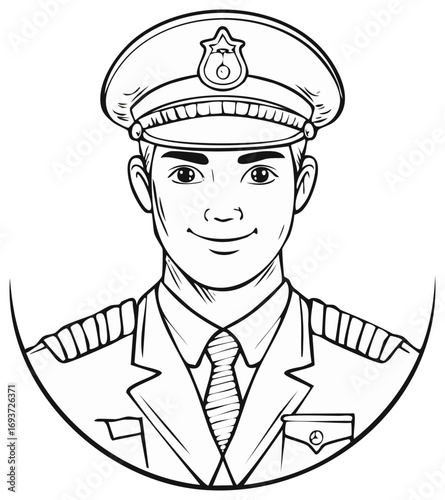 Smiling man in captain uniform line art portrait. Professional pilot or officer illustration for coloring book.