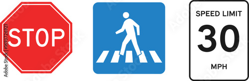 Image featuring a stop sign, a pedestrian crossing sign, and a speed limit sign indicating 30 mph.