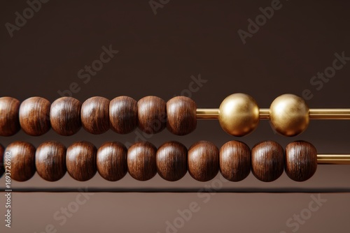 Two shiny golden beads stand out from dark wooden beads on a classic abacus.