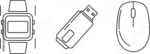 Line art illustration of a smartwatch, USB drive, and computer mouse.