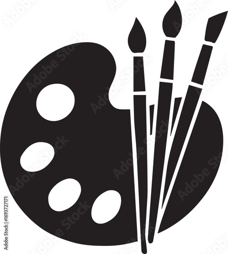 Art Palette with Paint Brushes Icon – Black and White Illustration