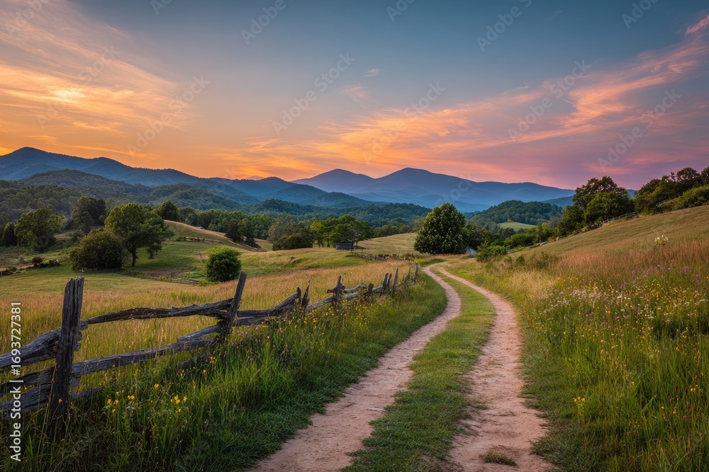 Naklejka premium Scenic rural path at sunset