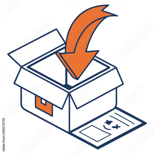 Orange arrow points downward into a partially opened white square box with transparent background