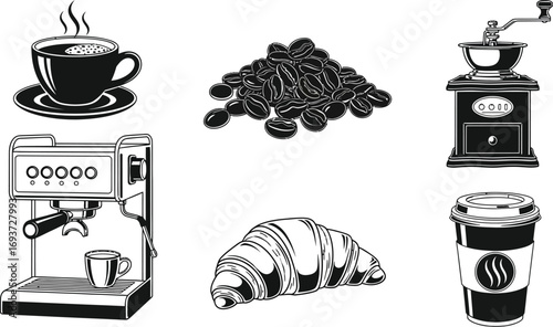 Vintage black and white illustration set of coffee items and a croissant, including beans, grinder, espresso machine, and hot beverage cups.