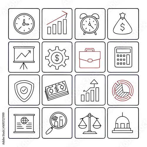 Sixteen distinct business icon sets are arranged in a grid pattern forming a unified display