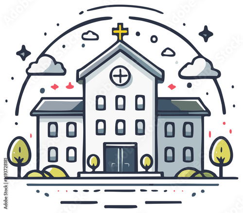 Cartoon illustration of a church building with a cross, clouds, and trees.