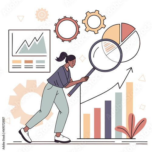 Smiling woman examines rising bar charts and graphs using a magnifying glass on white