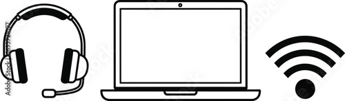 Image depicting a headset, a laptop, and a Wi-Fi symbol, representing communication and connectivity.