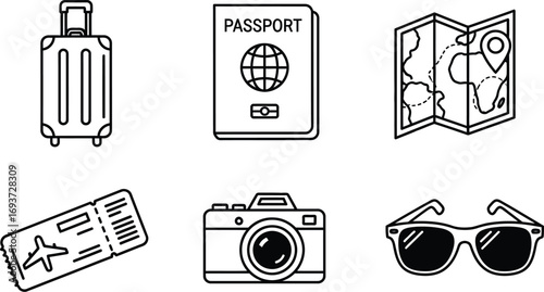 Travel icons: suitcase, passport, map, ticket, camera, sunglasses.