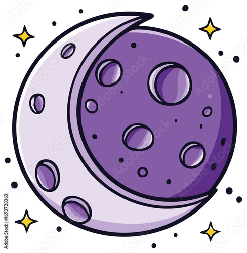 Cartoon illustration of a crescent moon with craters and stars isolated.