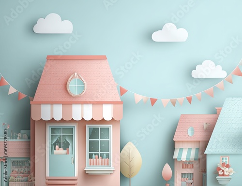 Pastel-toned, whimsical paper-cut style houses