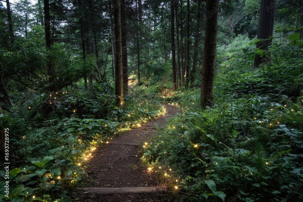 Obraz premium A winding woodland path illuminated by twinkling lights