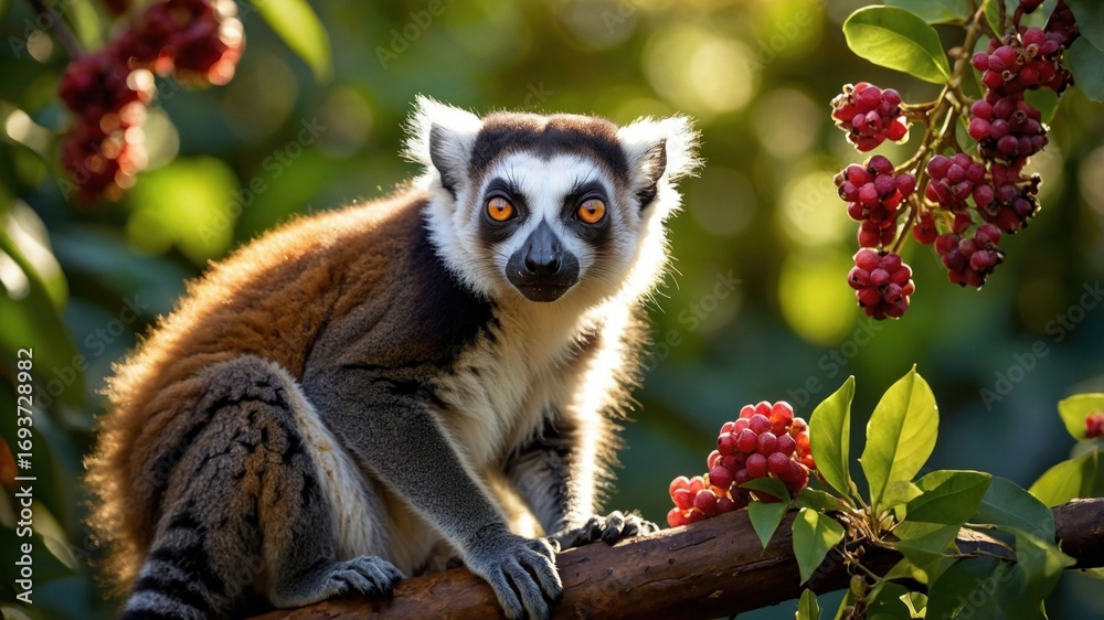Fototapeta premium A lemur perched on a branch amidst vibrant red berries and lush green foliage in a sunlit forest