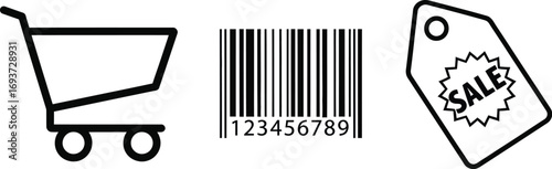 A simple line art illustration featuring three common retail and commerce icons: a shopping cart, a barcode, and a sale tag.