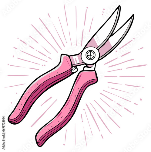 Pink garden shears illustration with burst elements