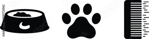Pet care icons featuring a food bowl, paw print, and grooming comb in black silhouette.