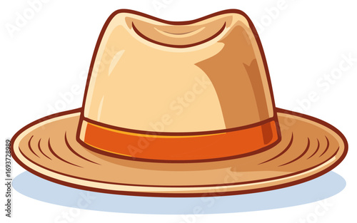 Cartoon Illustration of Panama Hat with Orange Band, Vintage Headwear Fashion