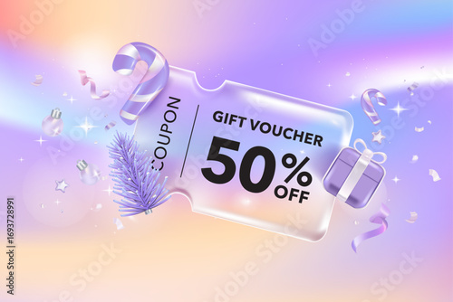 Transparency coupon banner for Discount online shopping with Merry christmas gift box, Candy cane, tree decorations background. Vector Premium.
