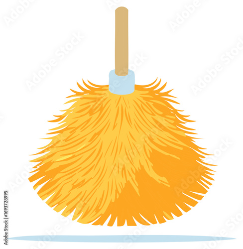 Yellow duster with wooden handle, cleaning tool vector