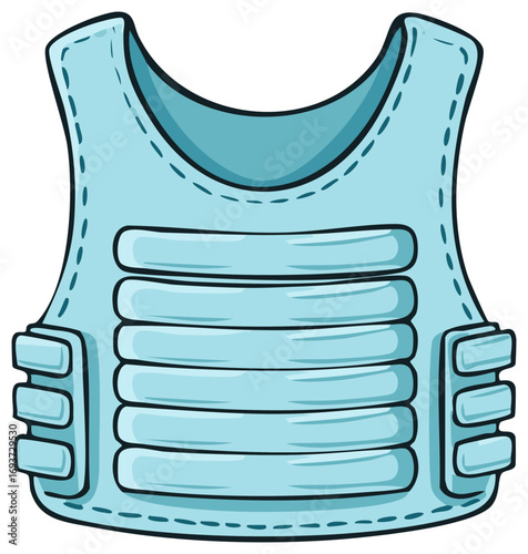 Light blue cartoon illustration of a bulletproof vest or body armor with pockets for plates, providing protection.