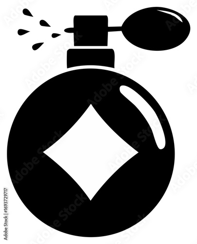 Aromatic spray: Stylish black perfume bottle with diamond emblem, releasing a delicate fragrance mist from its atomizer.