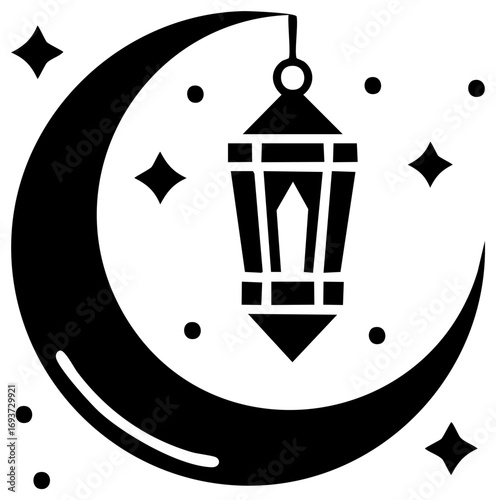 Crescent Moon and Islamic Lantern Illustration with Stars and Dots in Black and White