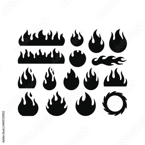 Black flame silhouette icons collection, burning fire shapes set, flat fire symbols isolated on white background, vector design illustration elements.