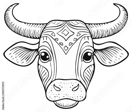Stylized cow head illustration with intricate detailed patterns black and white line art for coloring book or design