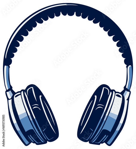 Bold graphic illustration of blue retro over-ear headphones for listening to music