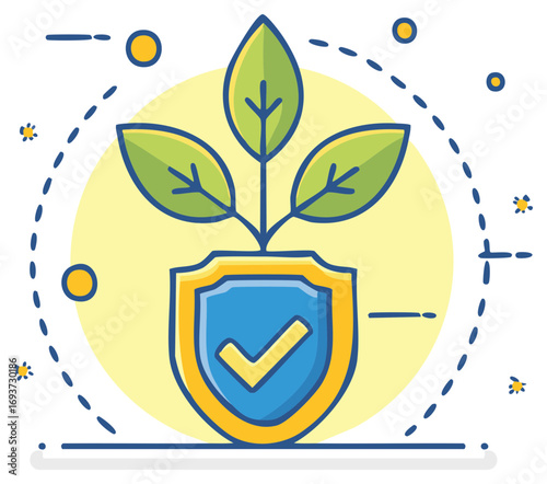 Shield with checkmark, plant leaves, vector icon concept for green safety, protection and approved sustainability