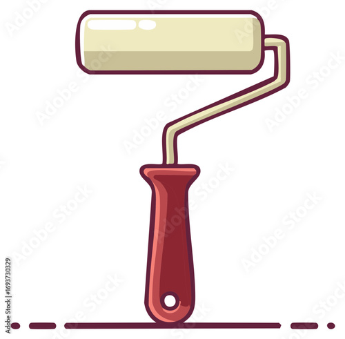 Red handled paint roller with cream colored roller and outline