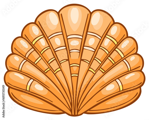 Stylized Orange Scallop Shell with Radial Ribbing and Light Accents